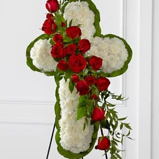 White Floral Cross on Easel