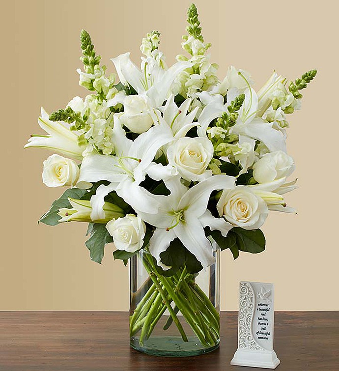 White Sympathy Bouquet with Memory Plaque - Image 2