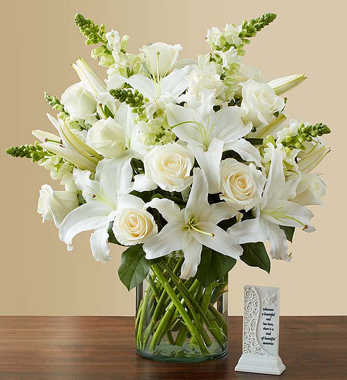 White Sympathy Bouquet with Memory Plaque - Image 3
