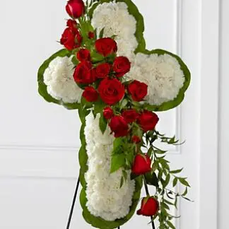 White Floral Cross on Easel